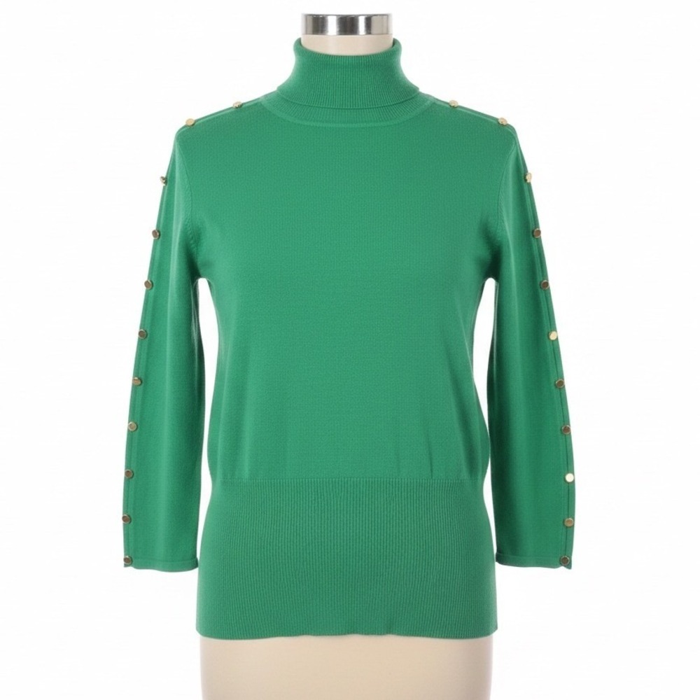 Once 1 Again Turtleneck Sweater Womens XL Green Gold Button Sleeve Knit Top NEW